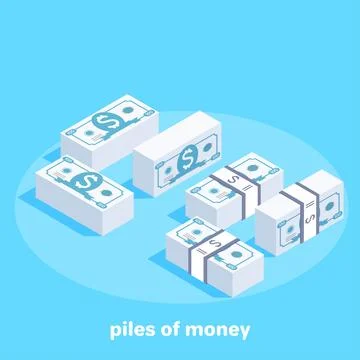 Isometric vector image on a blue background, stacks of banknotes different .. 스톡 일러스트