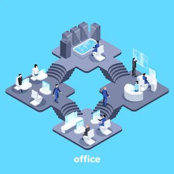 Isometric vector image on a blue background, people in business suits work .. Stock Illustration