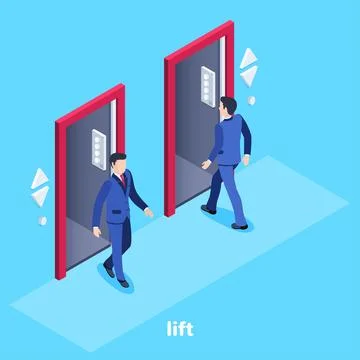 Isometric vector image on a blue background, a man in a business suit enter.. Illustrazione stock