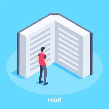 Isometric vector image on a blue background, a young man stands at the open.. Stock Illustration