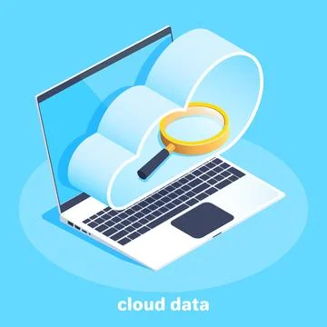 Isometric vector image on a blue background, business laptop with a cloud o.. Illustrazione stock
