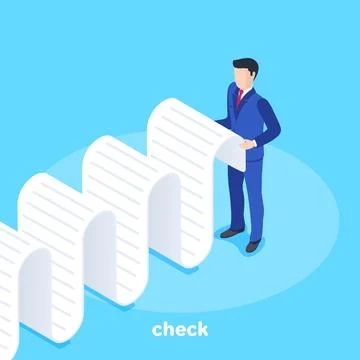 Isometric vector image on a blue background, a man in a business suit stand.. Stock Illustration