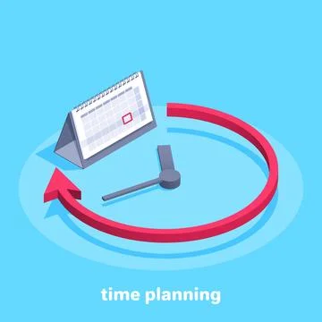 Isometric vector image on a blue background, business clock, arrow and time.. Stock Illustration