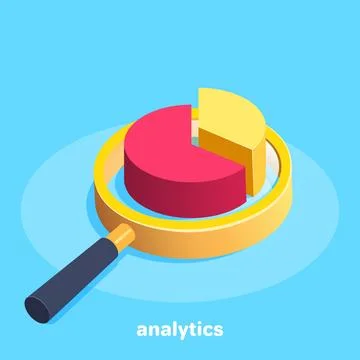 Isometric vector image on a blue background, a magnifying glass with a pie .. Stockillustratie