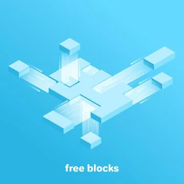 Isometric vector image on a blue background, rectangular blocks flying in d.. Illustrazione stock