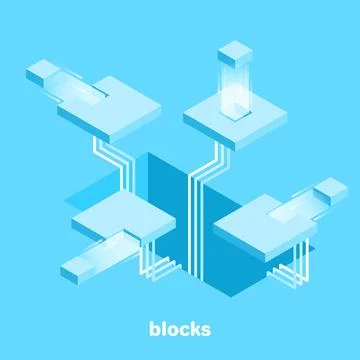 Isometric vector image on a blue background, rectangular blocks flying in d.. Stock Illustration