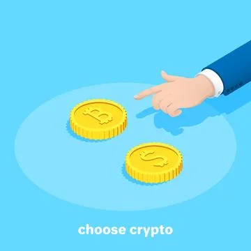 Isometric vector image on a blue background, a hand points to a bitcoin coi.. イラスト素材
