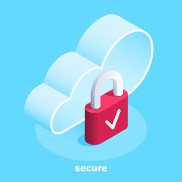 Isometric vector image on a blue background, a cloud and a red lock with a ch Stock Illustration