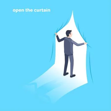 Isometric vector image on a blue background. A man in a business suit opens t Stock Illustration