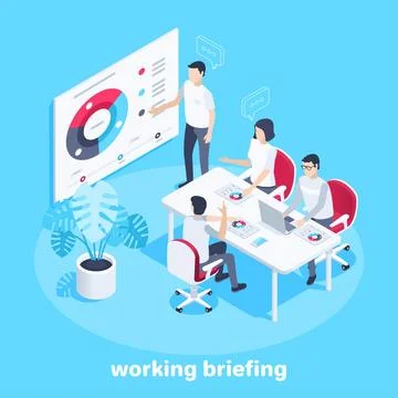 Isometric vector image on a blue background, men and a woman in the office ho Stock Illustration