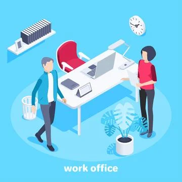 Isometric vector image on a blue background, a man and a woman in the office, Stock Illustration