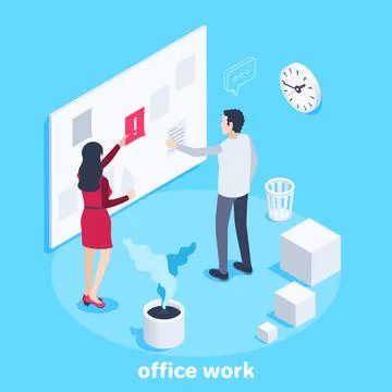 Isometric vector image on a blue background, a man and a woman work in the of Stock Illustration