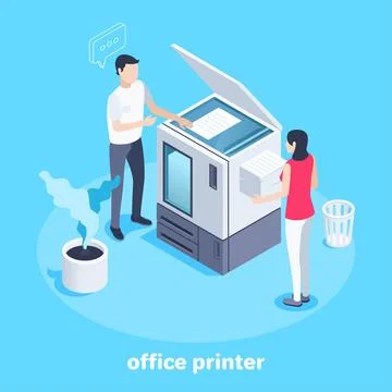 Isometric vector image on a blue background, a man works behind an office pri Stockillustratie