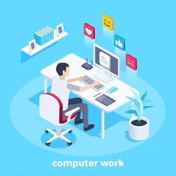 Isometric vector image on a blue background, a man works at a computer in the 스톡 일러스트