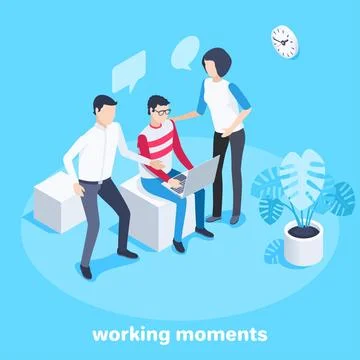 Isometric vector image on a blue background, a man works in the office at the Stock Illustration