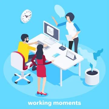 Isometric vector image on a blue background, a man works in the office at the Stock Illustration