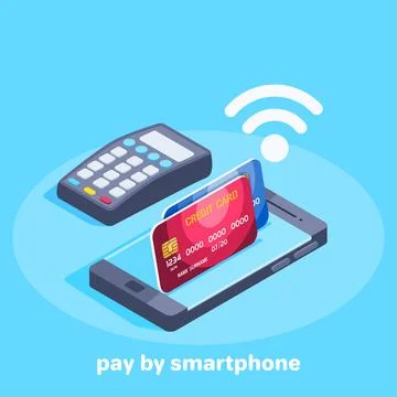Isometric vector image on a blue background, paying for purchases with a smar Stock Illustration