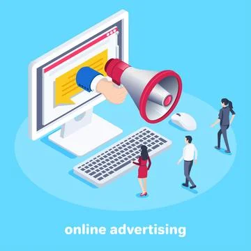 Isometric vector image on a blue background, a loudspeaker in hand from a com Stock Illustration