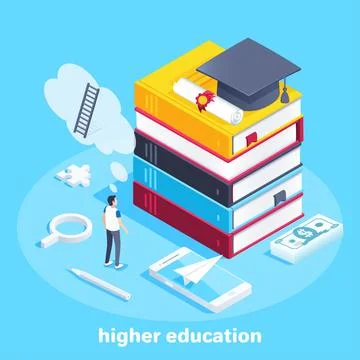 Isometric vector image on a blue background, a young man stands near the high Stock Illustration