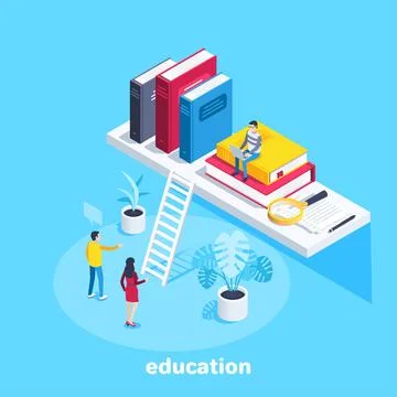 Isometric vector image on a blue background, a shelf with books and people wo Illustrazione stock
