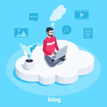 Isometric vector image on a blue background, a man in glasses sitting on a cl 스톡 일러스트