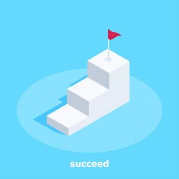 Isometric vector image on a blue background, white chart with a flag, achievi Stock Illustration