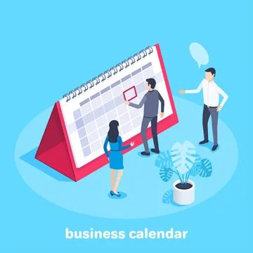 Isometric vector image on a blue background. Business people are standing nea Stock Illustration