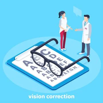 Isometric vector image on a blue background, glasses on the tablet and the op Stock Illustration