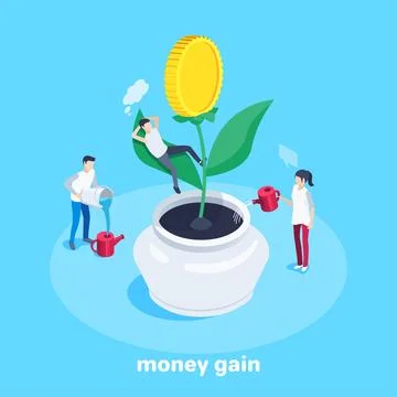 Isometric vector image on a blue background, men and woman grow a money tree  Stock Illustration