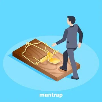 Isometric vector image on a blue background, a man in a business suit steps i Stock Illustration