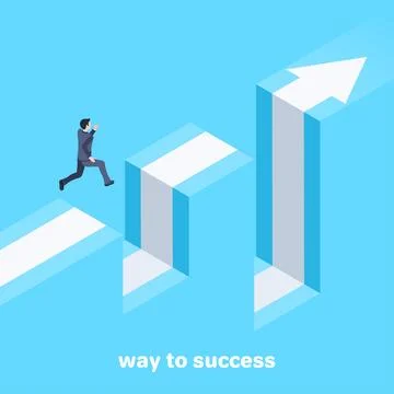 Isometric vector image on a blue background, a man in a business suit jumps o Stock Illustration