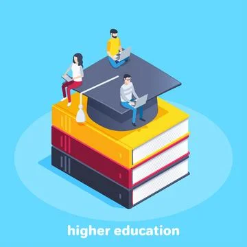Isometric vector image on a blue background, young people sitting with laptop Illustrazione stock