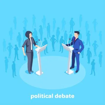 Isometric vector image on a blue background, woman in business suits stand in Stock Illustration