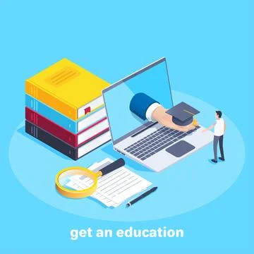 Isometric vector image on a blue background, a young guy is standing at the l Ilustração Stock