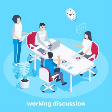 Isometric vector image on a blue background, men and a woman in the office ho Stock Illustration