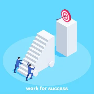 Isometric vector image on a blue background. Men in business suits are pushin Stock Illustration