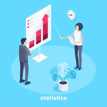 Isometric vector image on a blue background, people in business suits discuss Illustrazione stock