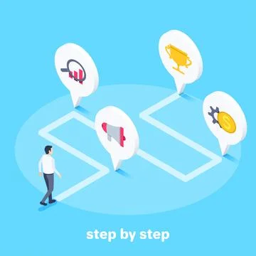 Isometric vector image on a blue background, a man in business clothes is wal Stock Illustration