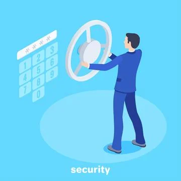 Isometric vector image on a blue background, a man in a business suit opens a 库存插图