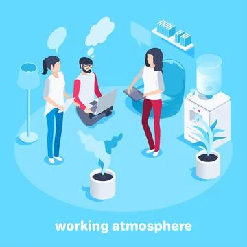 Isometric vector image on a blue background, young people in the office, work Stock Illustration