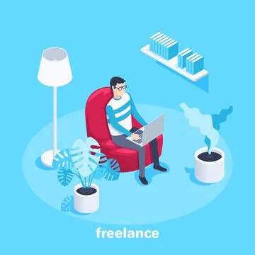 Isometric vector image on a blue background, a man with glasses working on a  Stockillustratie