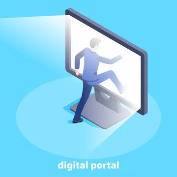 Isometric vector image on a blue background, a man in a business suit enters  Stock Illustration