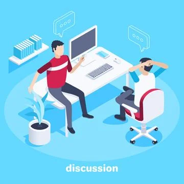 Isometric vector image on a blue background, men working in the office commun Stock Illustration