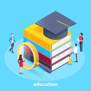 Isometric vector image on a blue background, young people look at a stack of  Illustrazione stock