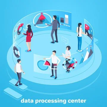 Isometric vector image on a blue background, people work in the center for an Stock Illustration