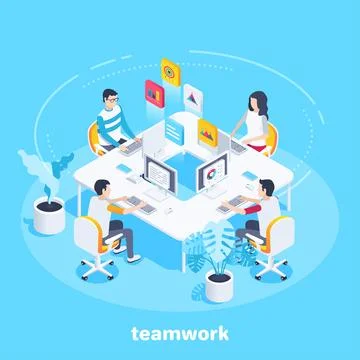 Isometric vector image on a blue background, young people work in the office  Stock Illustration