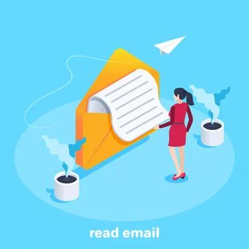 Isometric vector image on a blue background, a young woman is standing next t Stock Illustration
