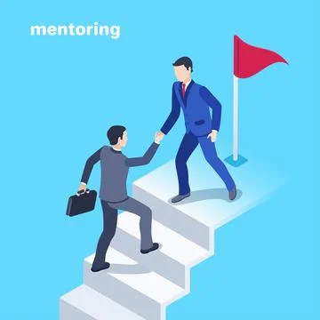 Isometric vector image on a blue background, a man in a business suit helps a Stock Illustration