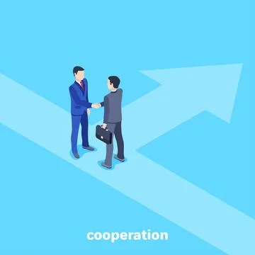 Isometric vector image on a blue background, men in business suits shake hand Stock Illustration