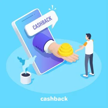 Isometric vector image on a blue background, cashback for a buyer, a hand wit Stock Illustration